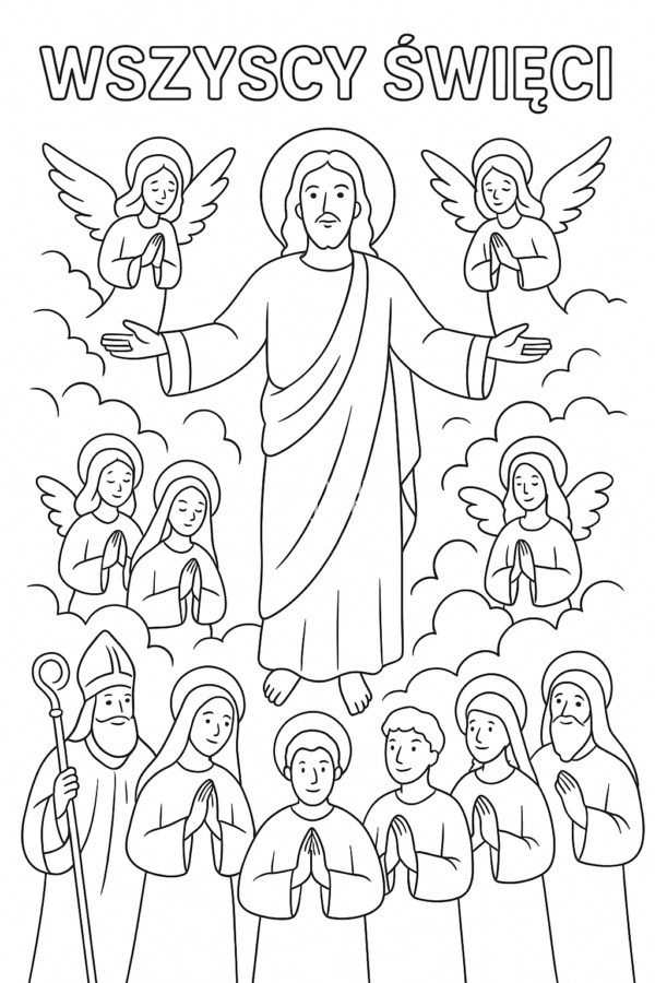 kolorowanka niebo i swięci kolorowanka na wszystkich świętych na święto zmarłych, Jezus i święci