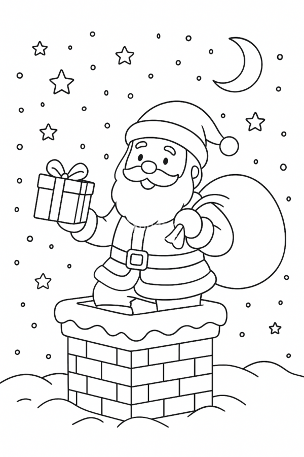 Mikołaj wchodzi do komina kolorowanka święta, Mikołaj