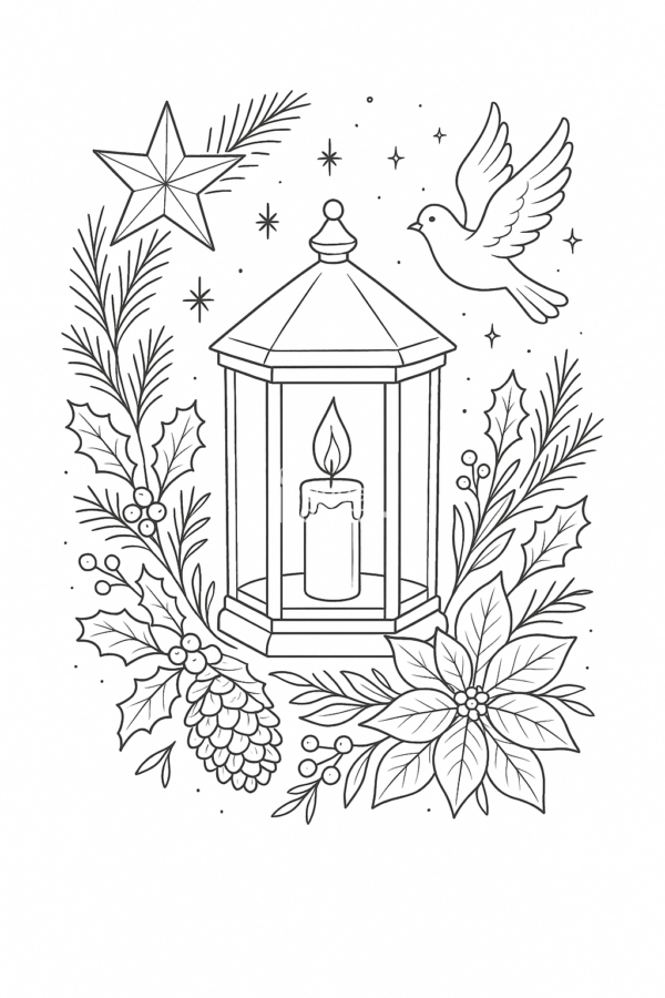 Kolorowanka Roraty – Lampion ze Świecą i Świąteczne Ozdoby