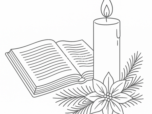 Kolorowanka Adwentowa – Świeca, Biblia i Poinsecja