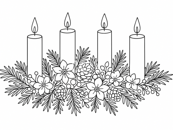 Kolorowanka wieniec adwentowy z czterema świecami do druku