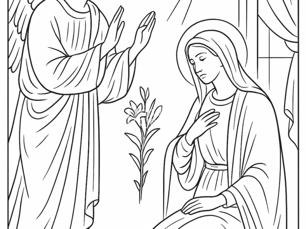 zwiastowanie kolorowanka dla dzieci Kolorowanka Zwiastowanie Maryi z Aniołem Gabrielem i gołębicą Ducha Świętego