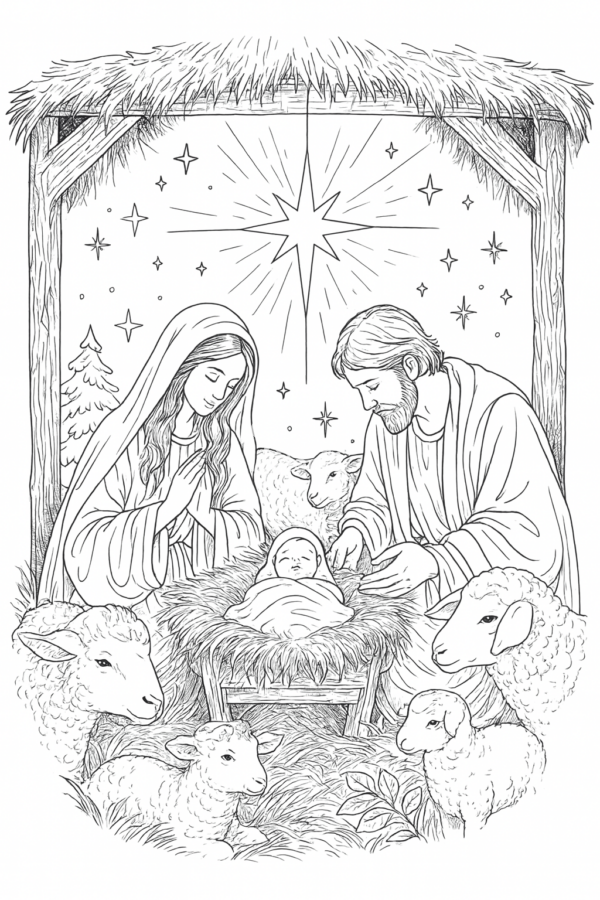 kolorowanka dla dzieci święta rodzina, stajenka
