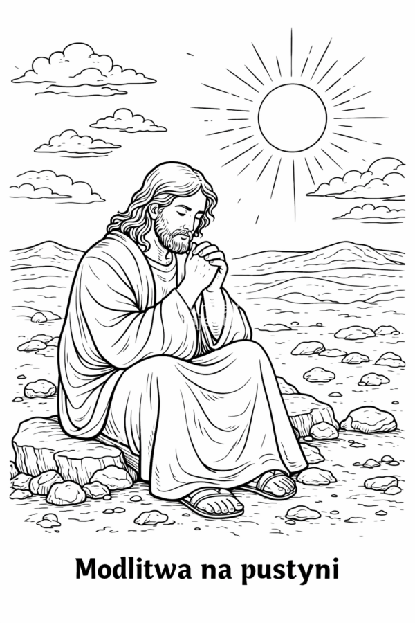 Kolorowanka dla dzieci religijna - Jezus na pustyni, Wielki Post