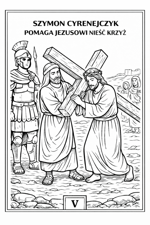 Jezus niesie krzyż kolorowanka wielki post, droga krzyzowa kolorowanka religijna dla dzieci do druku, droga krzyzowa
