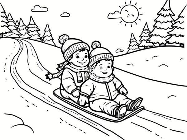 dzieci na sankach kolorowanka zima ferie kolorowanka do pobrania zimowe zabawy