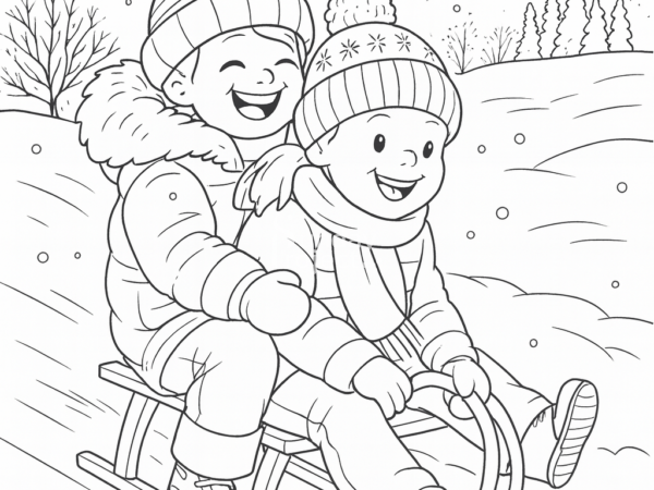 dzieci na sankach ferie, zima, śnieg kolorowanka kolorowanka dla dzieci zima śnieg sanki