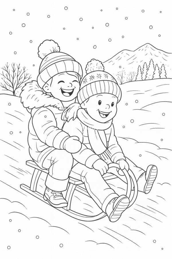 kolorowanka dla dzieci zima śnieg sanki