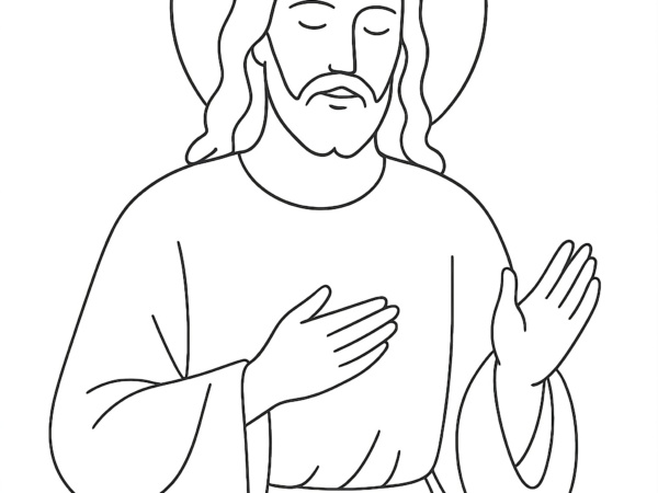 Jezus kolorowanka religijna do pobrania Kolorowanka Jezus do druku przedstawiająca Jezusa z aureolą i uniesioną dłonią w geście błogosławieństwa