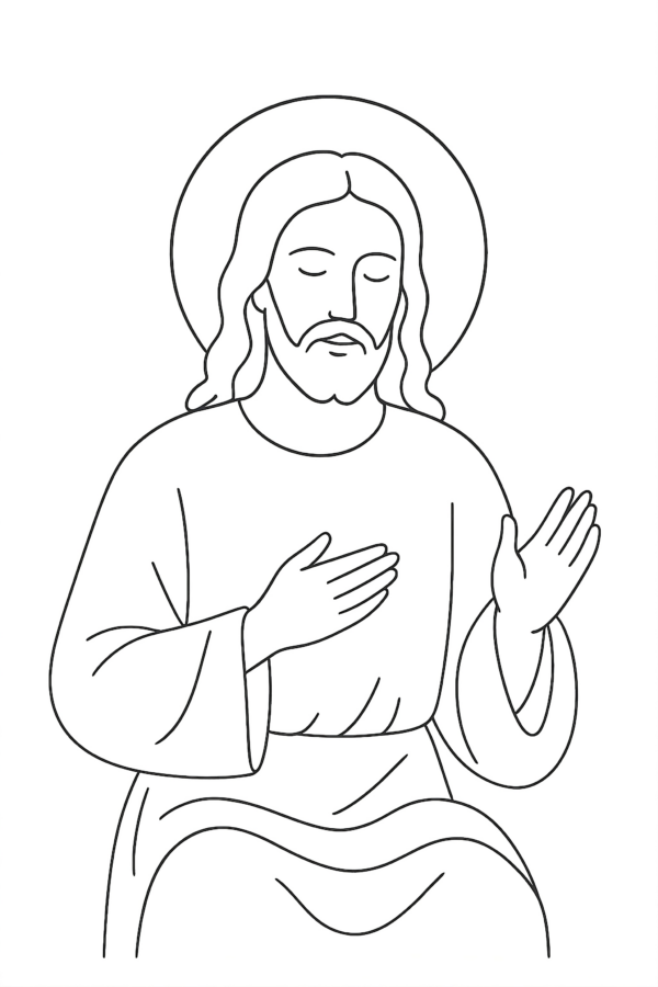 Jezus kolorowanka religijna do pobrania Kolorowanka Jezus do druku przedstawiająca Jezusa z aureolą i uniesioną dłonią w geście błogosławieństwa