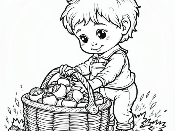 chłopiec z koszykiem kasztanów, kolorowanka na jesień dla dzieci kolorowanka jesienna do pobrania kasztany, jesień