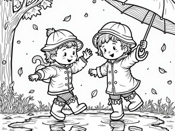 dzieci w deszczu jesień kolorowanka Kolorowanka jesienna do druku przedstawiająca dwoje dzieci skaczących po kałuży z parasolem i w kaloszach