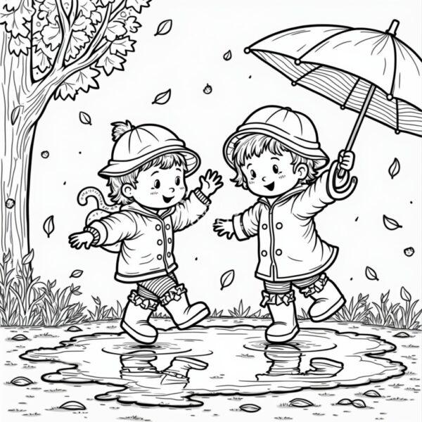 Kolorowanka jesienna do druku przedstawiająca dwoje dzieci skaczących po kałuży z parasolem i w kaloszach