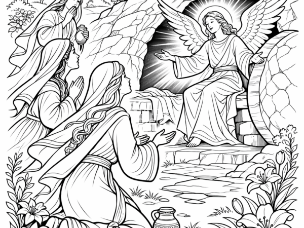 kobiety przy grobie zmartwychwstanie, wielkanoc kolorowanka kolorowanka religijna wielkanocna dla dzieci