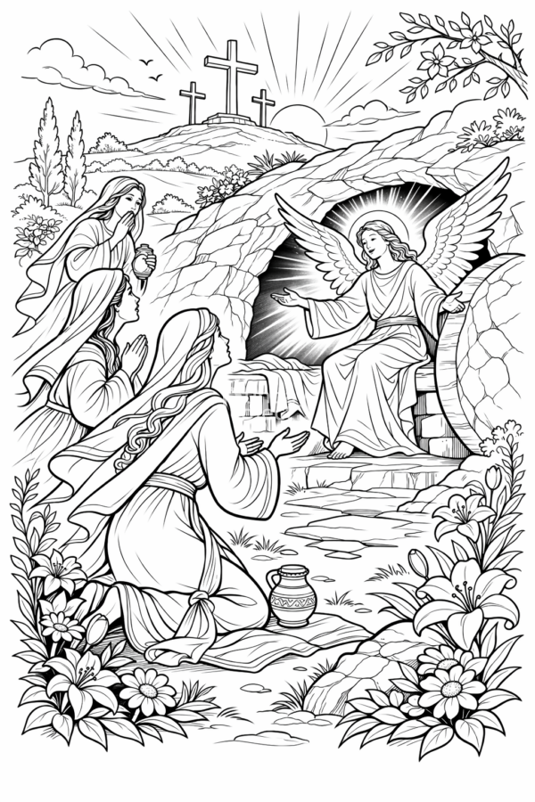 kobiety przy grobie zmartwychwstanie, wielkanoc kolorowanka kolorowanka religijna wielkanocna dla dzieci