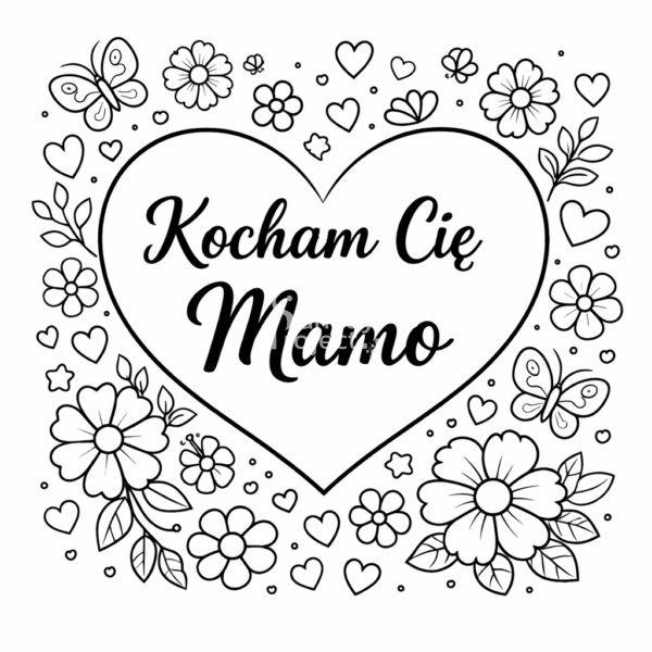 kocham Cię mamo kolorowanka laurka na dzień mamy, dzień matki Kocham Cię Mamo kolorowanka na Dzień Mamy do druku z sercem, kwiatami i motylkami