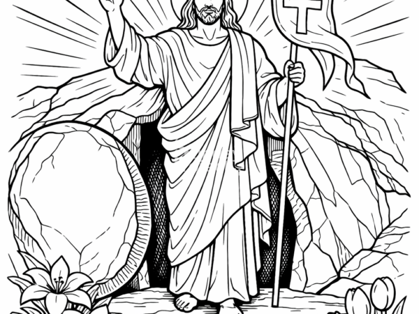 kolorowanka religijna dla dzieci wielkanoc Kolorowanka wielkanocna do druku przedstawiająca Zmartwychwstałego Jezusa z napisem Alleluja przy pustym grobie