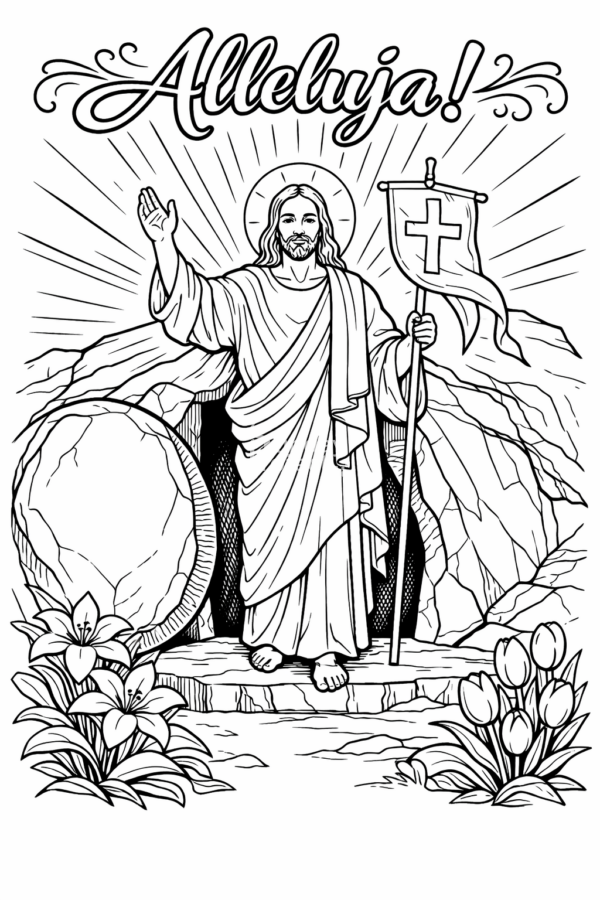 kolorowanka religijna dla dzieci wielkanoc Kolorowanka wielkanocna do druku przedstawiająca Zmartwychwstałego Jezusa z napisem Alleluja przy pustym grobie