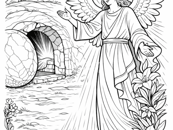 zmartwychwstanie wielkanoc kolorowanka religijna Religijna kolorowanka wielkanocna z aniołem przy pustym grobie Jezusa do druku dla dzieci