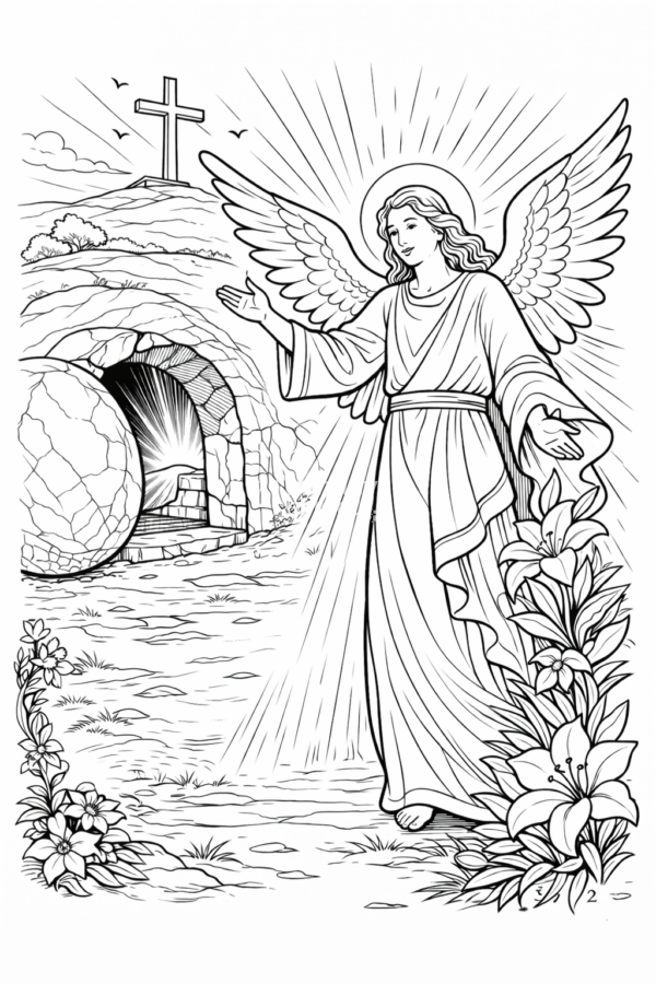 Religijna kolorowanka wielkanocna z aniołem przy pustym grobie Jezusa do druku dla dzieci