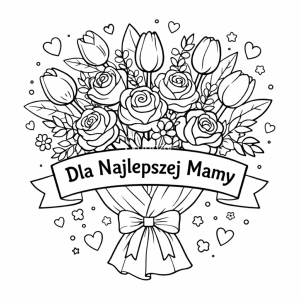 kolorowanka do pobrania na dzien mamy -bukiet dla najlepszej mamy Kolorowanka dla dzieci przedstawiająca bukiet kwiatów z napisem Dla Najlepszej Mamy na Dzień Matki