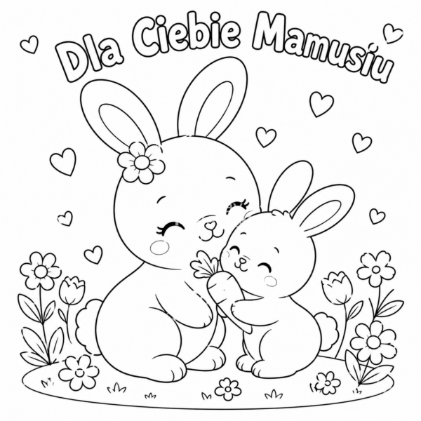 Kolorowanka na Dzień Mamy z mamą króliczkiem i małym króliczkiem trzymającym marchewkę oraz napisem „Dla Ciebie Mamusiu”
