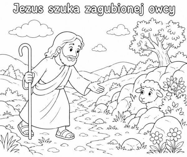 kolorowanka katecheza Jezus szuka zagubionej owcy Kolorowanka religijna Jezus szuka zagubionej owcy – Dobry Pasterz i owieczka, darmowa kolorowanka biblijna do druku.