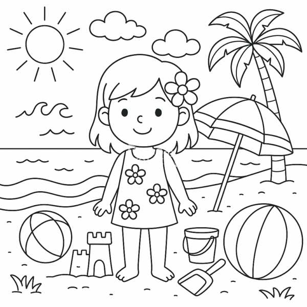 kolorowanka lato dla dzieci na plaży do druku PDF