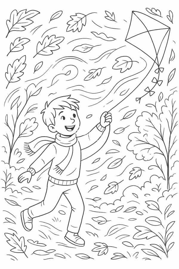jesień, kolorowanka chłopiec z latawcem Kolorowanka przedstawiająca chłopca puszczającego latawiec podczas jesiennego spaceru wśród wirujących liści.