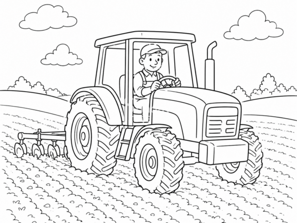 traktor żniwa dożynki kolorowanka Kolorowanka dla dzieci przedstawiająca rolnika prowadzącego traktor podczas pracy na polu