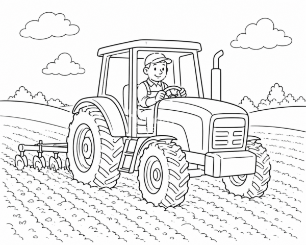 Kolorowanka dla dzieci przedstawiająca rolnika prowadzącego traktor podczas pracy na polu